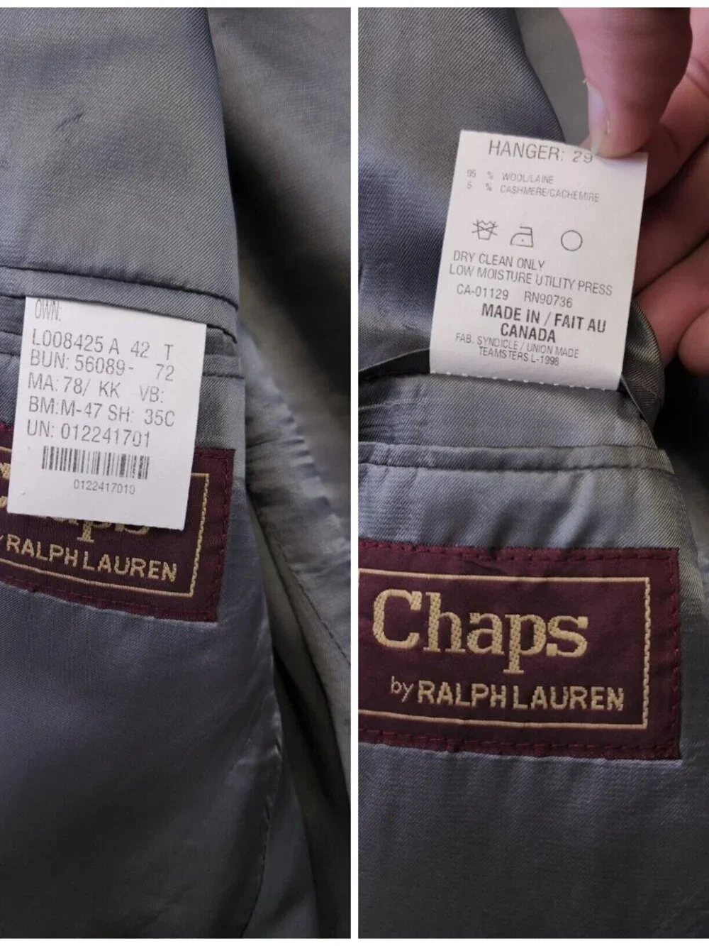 Chaps By Ralph Lauren Gray Blazer 2 Button 95% Wool 5% Cashmere Made In Canada